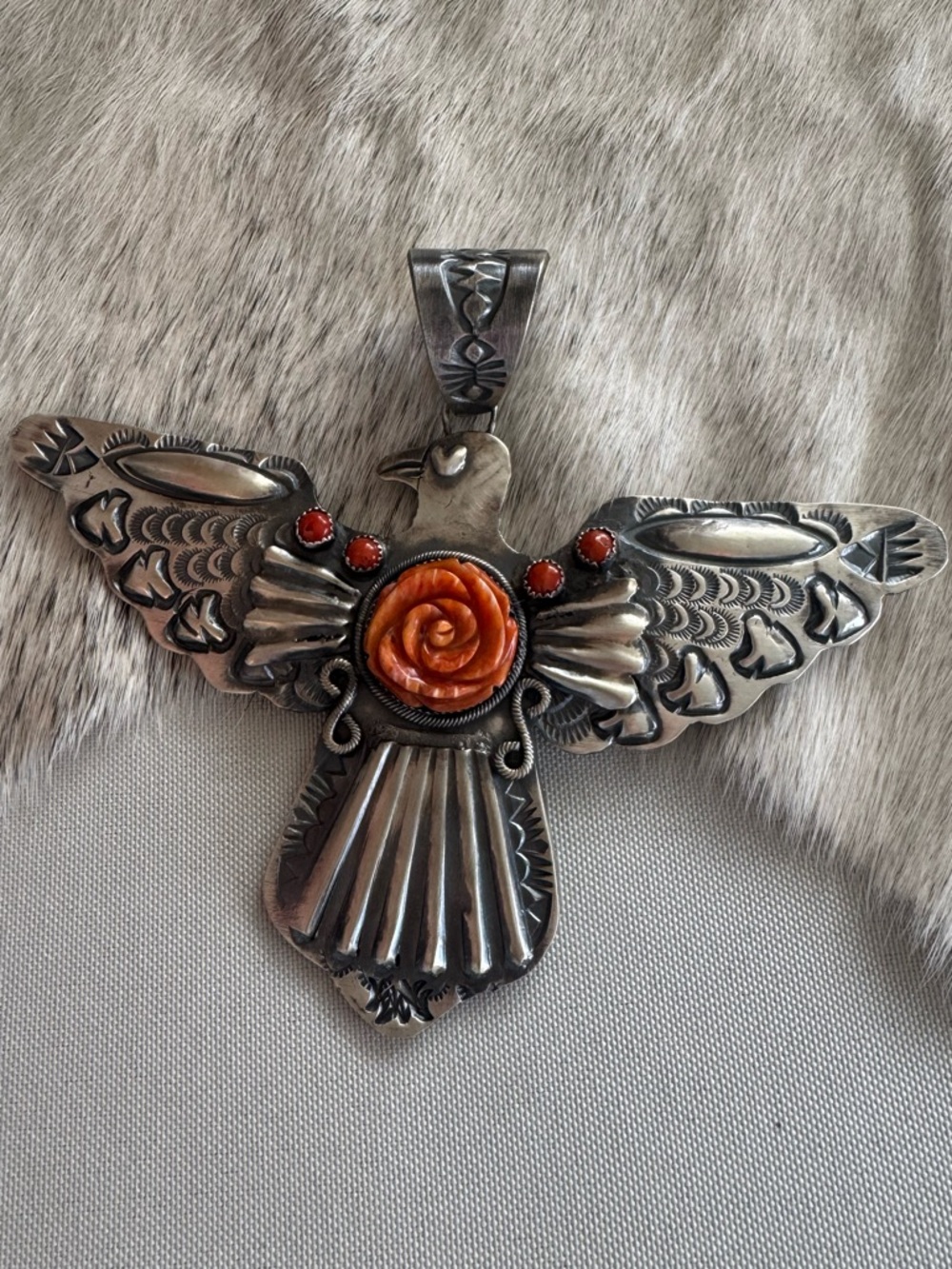 Native AmericanSterling Silver Thunderbird Pendant with Orange Coral Rose Accent
